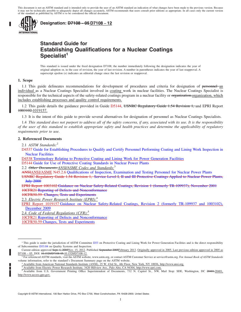 REDLINE ASTM D7108-12 - Standard Guide for Establishing Qualifications for a Nuclear Coatings Specialist