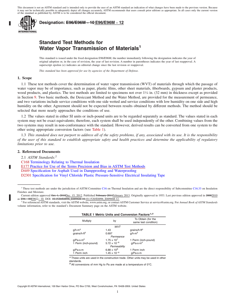 REDLINE ASTM E96/E96M-12 - Standard Test Methods for Water Vapor Transmission of Materials