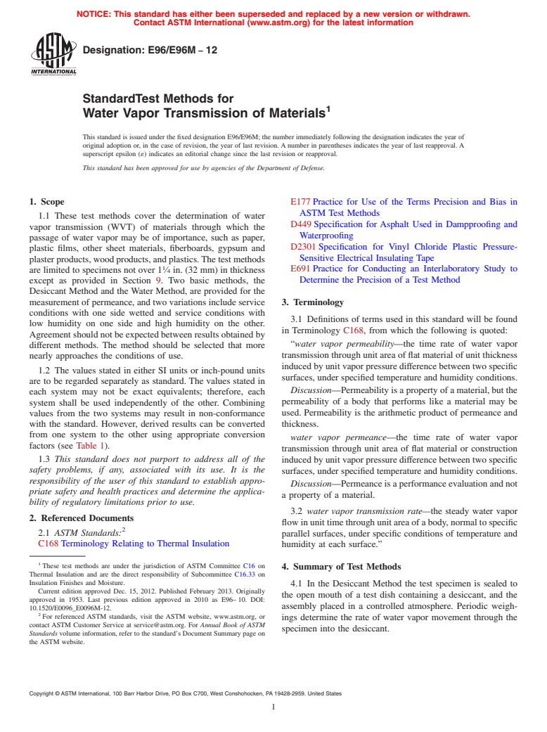 ASTM E96/E96M-12 - Standard Test Methods for Water Vapor Transmission of Materials