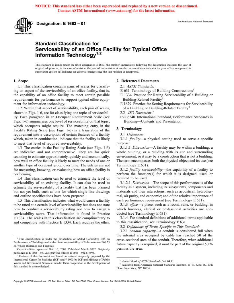 ASTM E1663-01 - Standard Classification for Serviceability of an Office Facility for Typical Office Information Technology