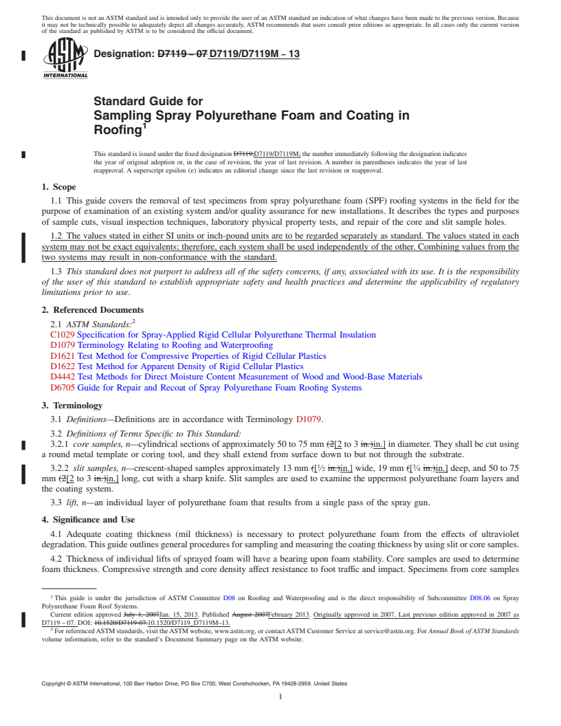 REDLINE ASTM D7119/D7119M-13 - Standard Guide for Sampling Spray Polyurethane Foam and Coating in Roofing