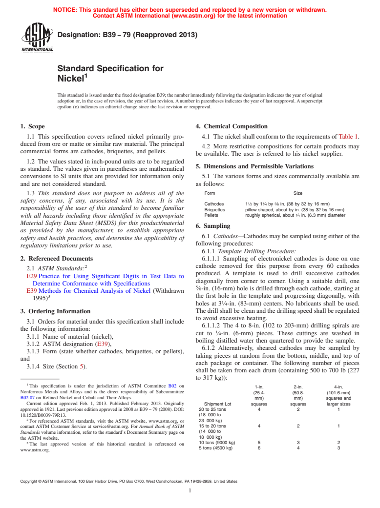 ASTM B39-79(2013) - Standard Specification for Nickel