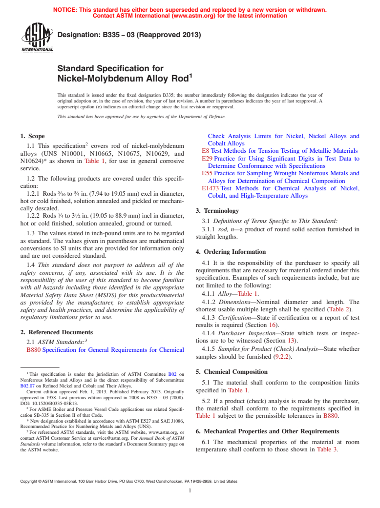 ASTM B335-03(2013) - Standard Specification for Nickel-Molybdenum Alloy Rod