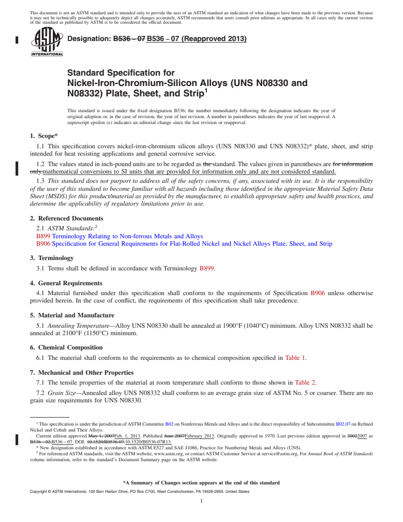 REDLINE ASTM B536-07(2013) - Standard Specification for Nickel-Iron-Chromium-Silicon Alloys (UNS N08330 and N08332)  Plate,      Sheet, and Strip