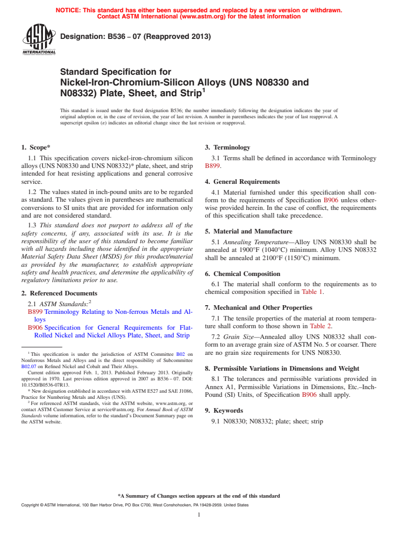 ASTM B536-07(2013) - Standard Specification for Nickel-Iron-Chromium-Silicon Alloys (UNS N08330 and N08332)  Plate,      Sheet, and Strip