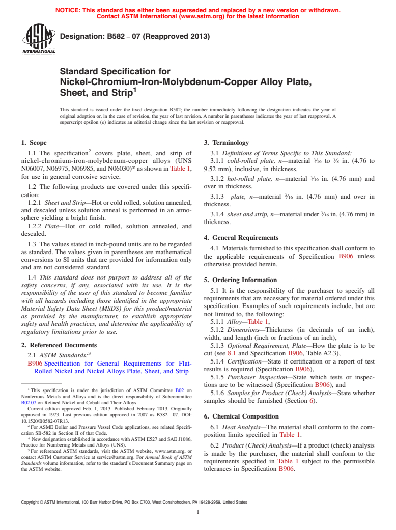 ASTM B582-07(2013) - Standard Specification for Nickel-Chromium-Iron-Molybdenum-Copper Alloy Plate, Sheet,  and Strip