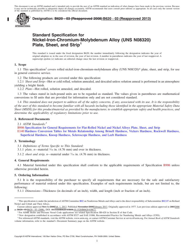 REDLINE ASTM B620-03(2013) - Standard Specification for Nickel-Iron-Chromium-Molybdenum Alloy (UNS N08320) Plate, Sheet,  and Strip