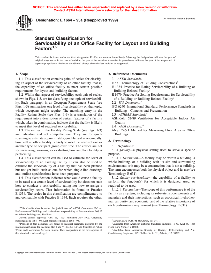 ASTM E1664-95a(1999) - Standard Classification for Serviceability of an Office Facility for Layout and Building Factors