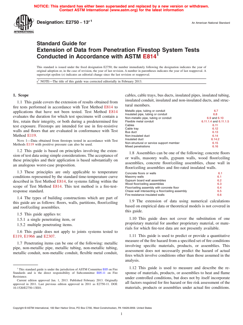 ASTM E2750-13e1 - Standard Guide for  Extension of Data from Penetration Firestop System Tests Conducted  in Accordance with ASTM E814