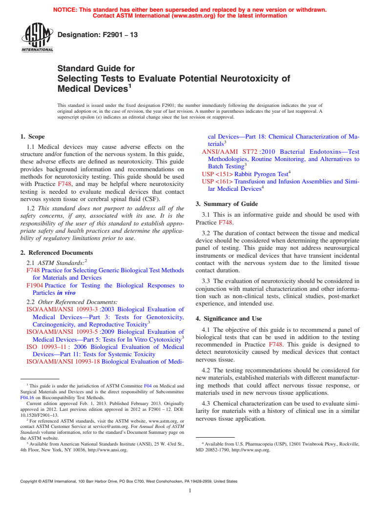 ASTM F2901-13 - Standard Guide for  Selecting Tests to Evaluate Potential Neurotoxicity of  Medical  Devices