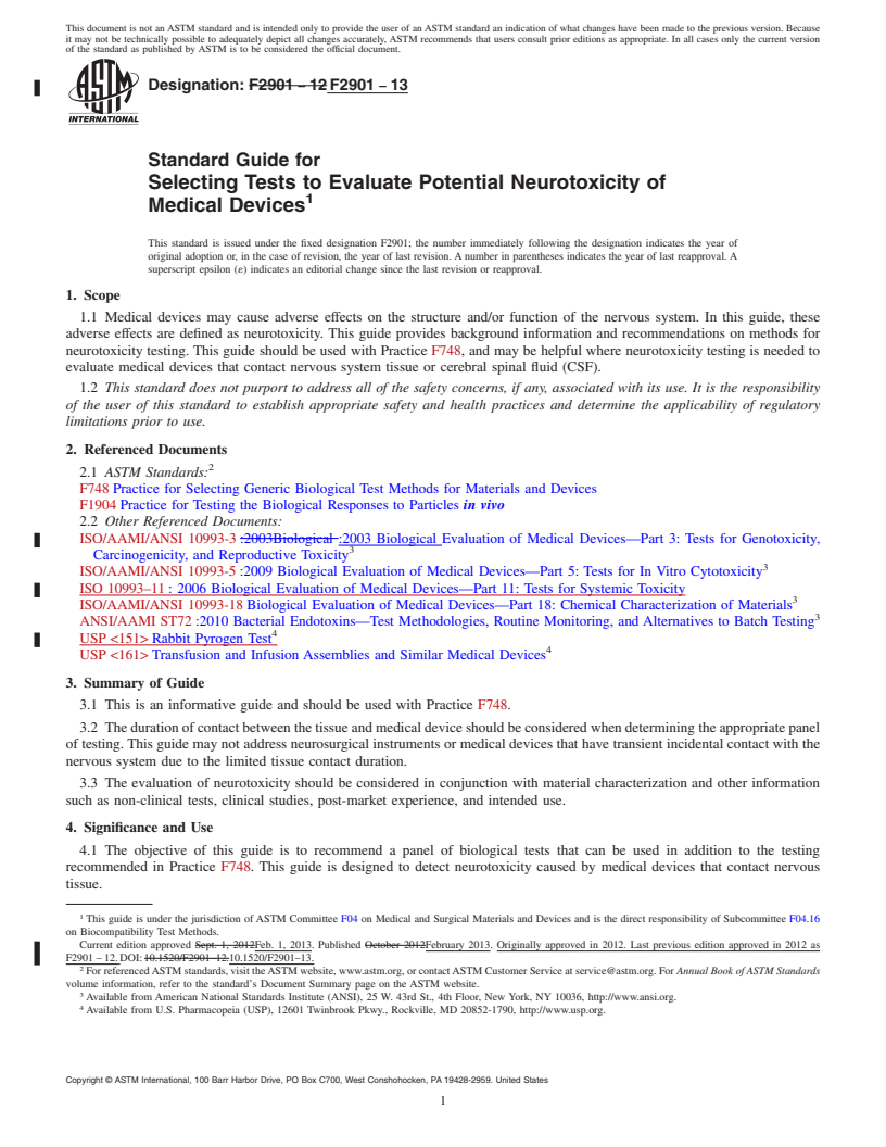 REDLINE ASTM F2901-13 - Standard Guide for  Selecting Tests to Evaluate Potential Neurotoxicity of  Medical  Devices