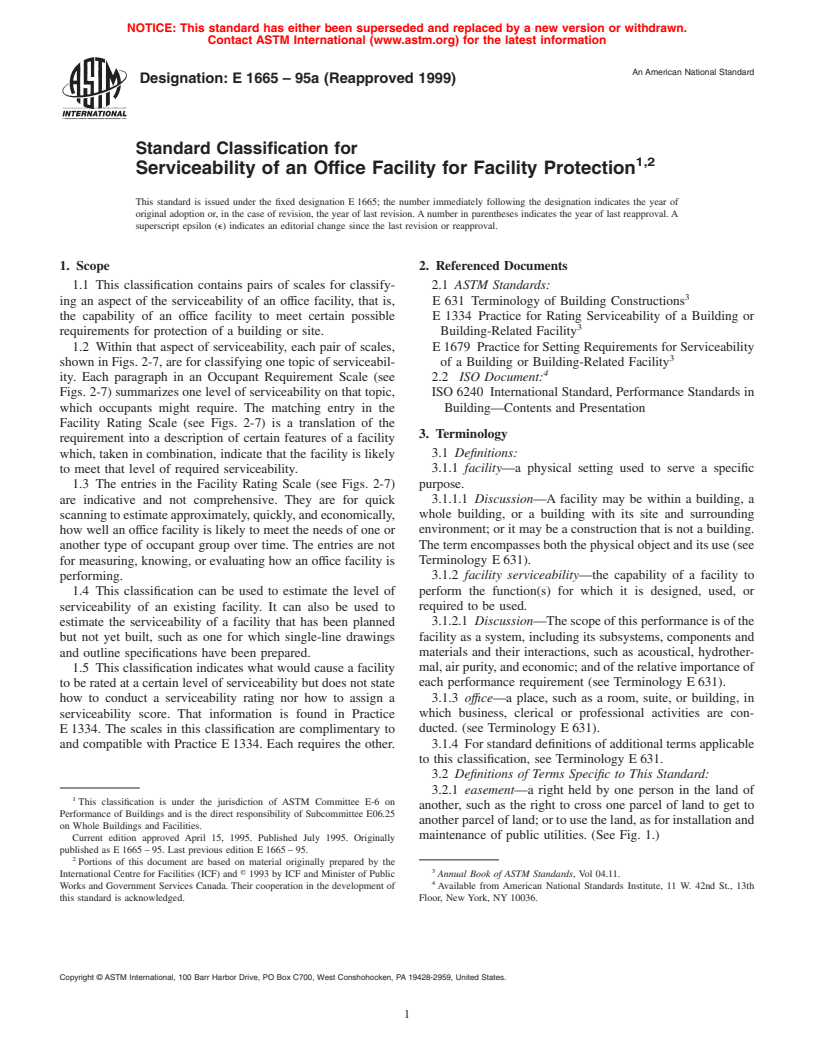 ASTM E1665-95a(1999) - Standard Classification for Serviceability of an Office Facility for Facility Protection