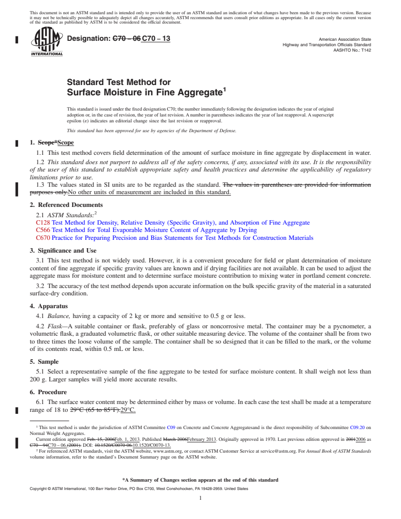 REDLINE ASTM C70-13 - Standard Test Method for  Surface Moisture in Fine Aggregate