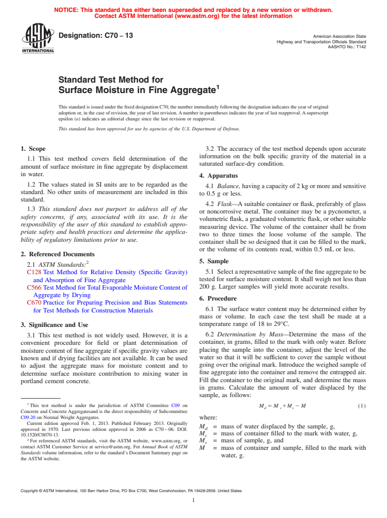 ASTM C70-13 - Standard Test Method for  Surface Moisture in Fine Aggregate