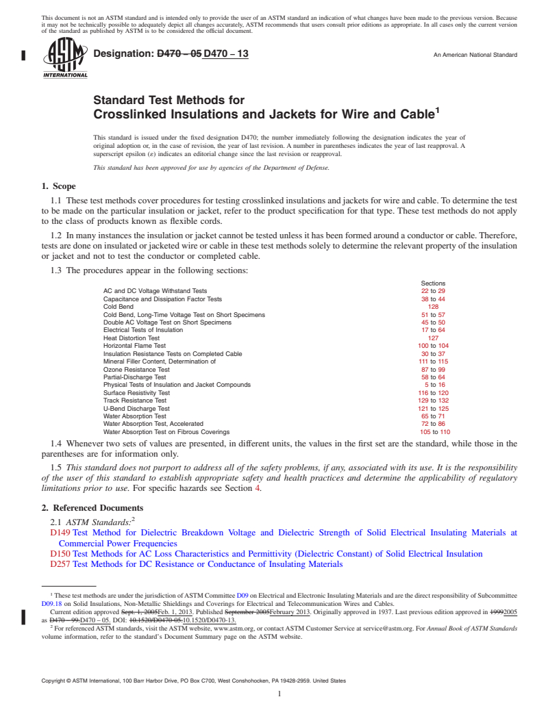 REDLINE ASTM D470-13 - Standard Test Methods for  Crosslinked Insulations and Jackets for Wire and Cable