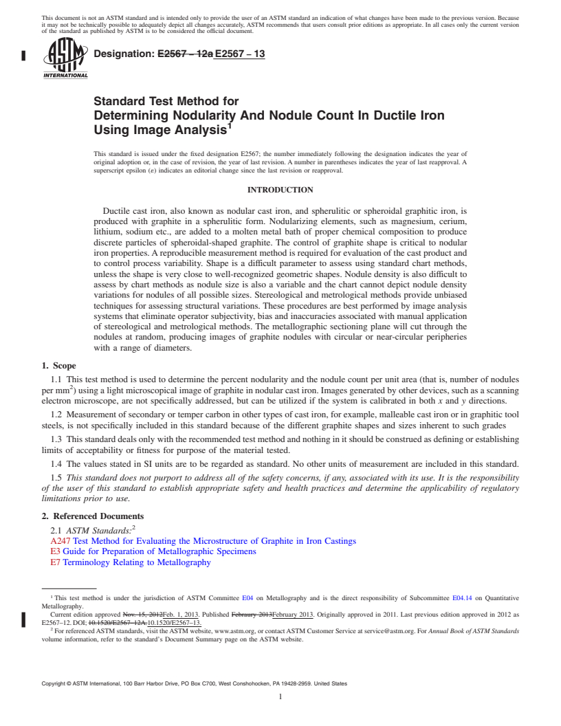 REDLINE ASTM E2567-13 - Standard Test Method for  Determining Nodularity And Nodule Count In Ductile Iron Using  Image Analysis