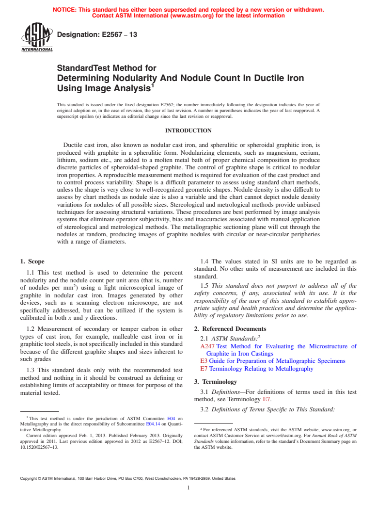 ASTM E2567-13 - Standard Test Method for  Determining Nodularity And Nodule Count In Ductile Iron Using  Image Analysis