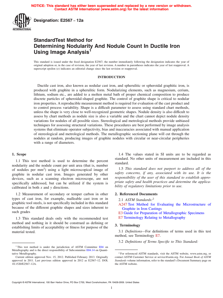 ASTM E2567-12a - Standard Test Method for  Determining Nodularity And Nodule Count In Ductile Iron Using  Image Analysis