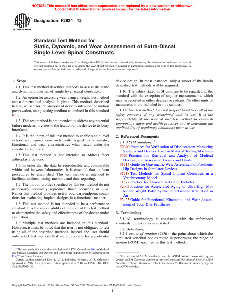 ASTM F2624-12 - Standard Test Method for Static, Dynamic, and Wear Assessment of Extra-Discal Single Level Spinal Constructs