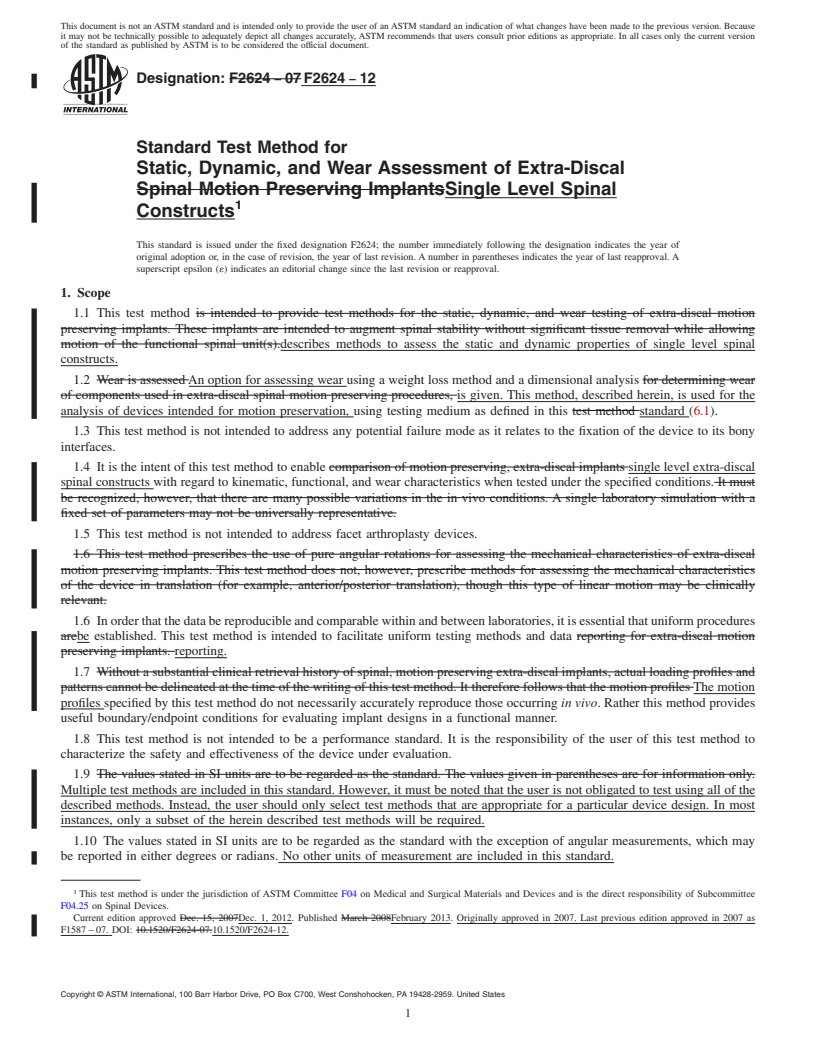 REDLINE ASTM F2624-12 - Standard Test Method for Static, Dynamic, and Wear Assessment of Extra-Discal Single Level Spinal Constructs