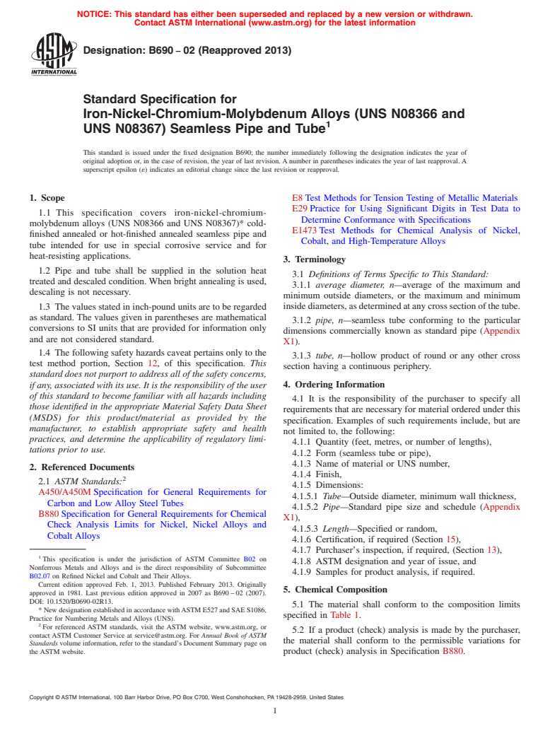 ASTM B690-02(2013) - Standard Specification for Iron-Nickel-Chromium-Molybdenum Alloys (UNS N08366 and UNS  N08367)   Seamless Pipe and Tube