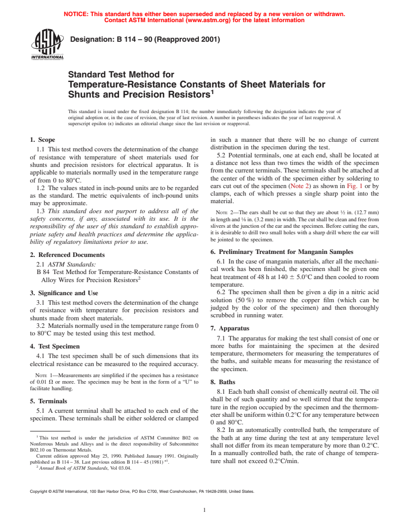 ASTM B114-90(2001) - Standard Test Method for Temperature-Resistance Constants of Sheet Materials for Shunts and Precision Resistors