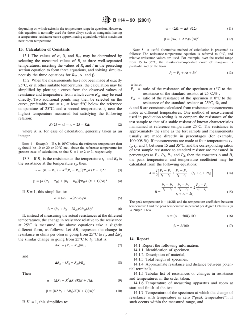 ASTM B114-90(2001) - Standard Test Method for Temperature-Resistance Constants of Sheet Materials for Shunts and Precision Resistors