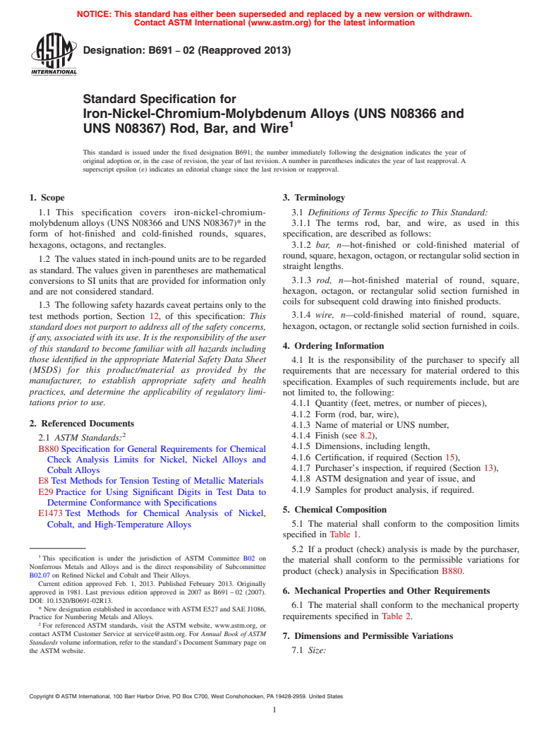 ASTM B691-02(2013) - Standard Specification for Iron-Nickel-Chromium-Molybdenum Alloys (UNS N08366 and UNS  N08367)     Rod, Bar, and Wire