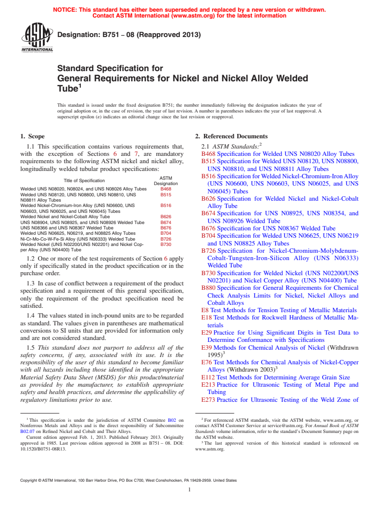 ASTM B751-08(2013) - Standard Specification for General Requirements for Nickel and Nickel Alloy Welded Tube