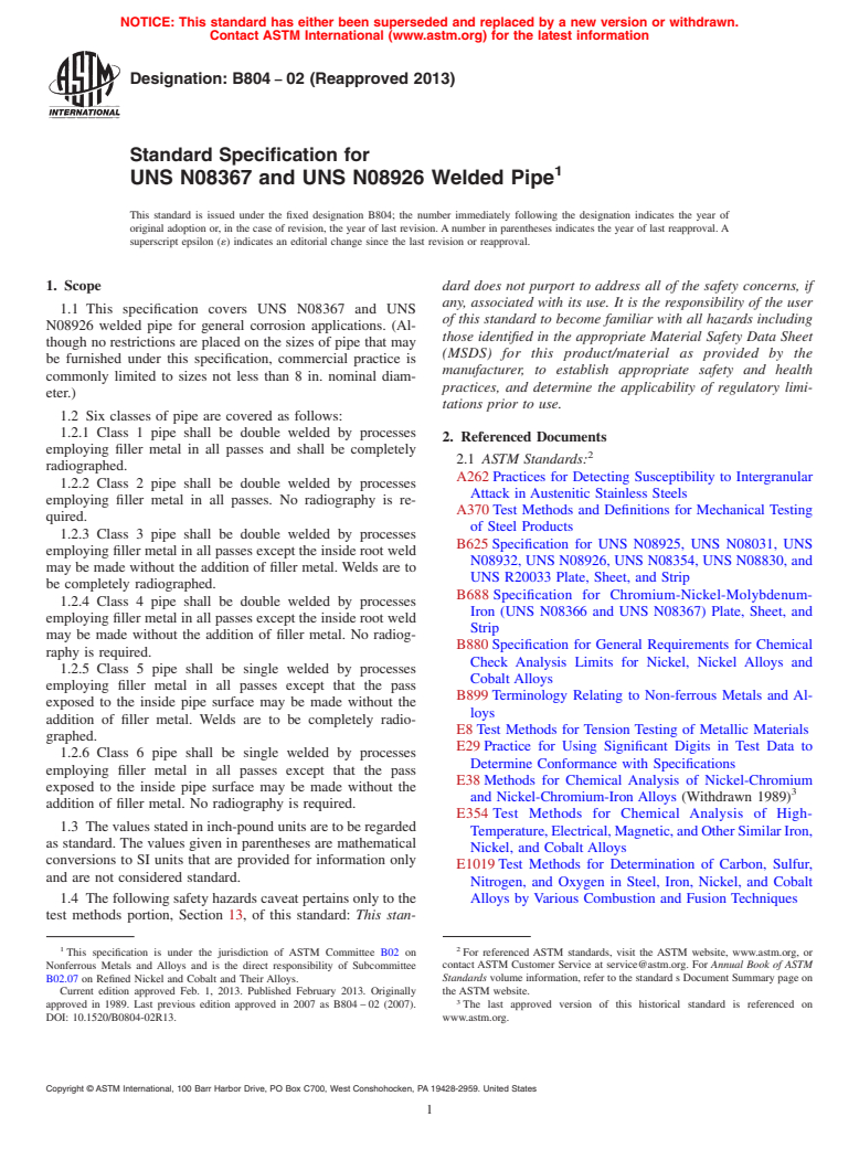 ASTM B804-02(2013) - Standard Specification for UNS N08367 and UNS N08926 Welded Pipe