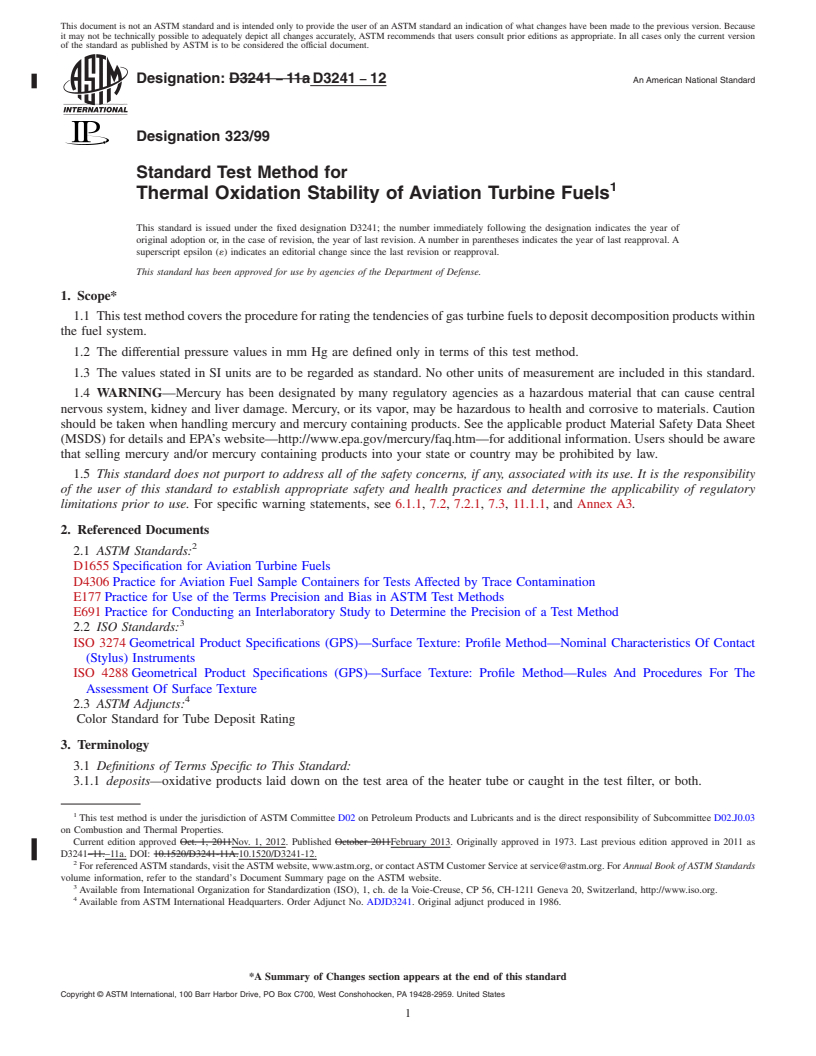 REDLINE ASTM D3241-12 - Standard Test Method for Thermal Oxidation Stability of Aviation Turbine Fuels