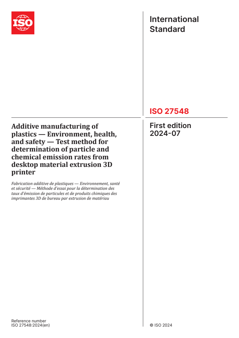 ISO 27548:2024 - Additive manufacturing of plastics — Environment, health, and safety — Test method for determination of particle and chemical emission rates from desktop material extrusion 3D printer
Released:1. 07. 2024