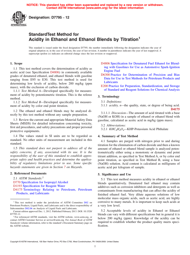 ASTM D7795-12 - Standard Test Method for Acidity in Ethanol and Ethanol Blends by Titration