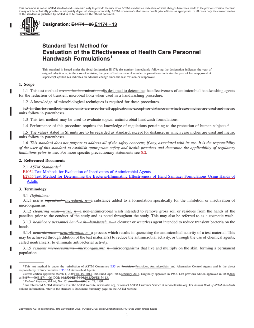 REDLINE ASTM E1174-13 - Standard Test Method for  Evaluation of the Effectiveness of Health Care Personnel Handwash  Formulations