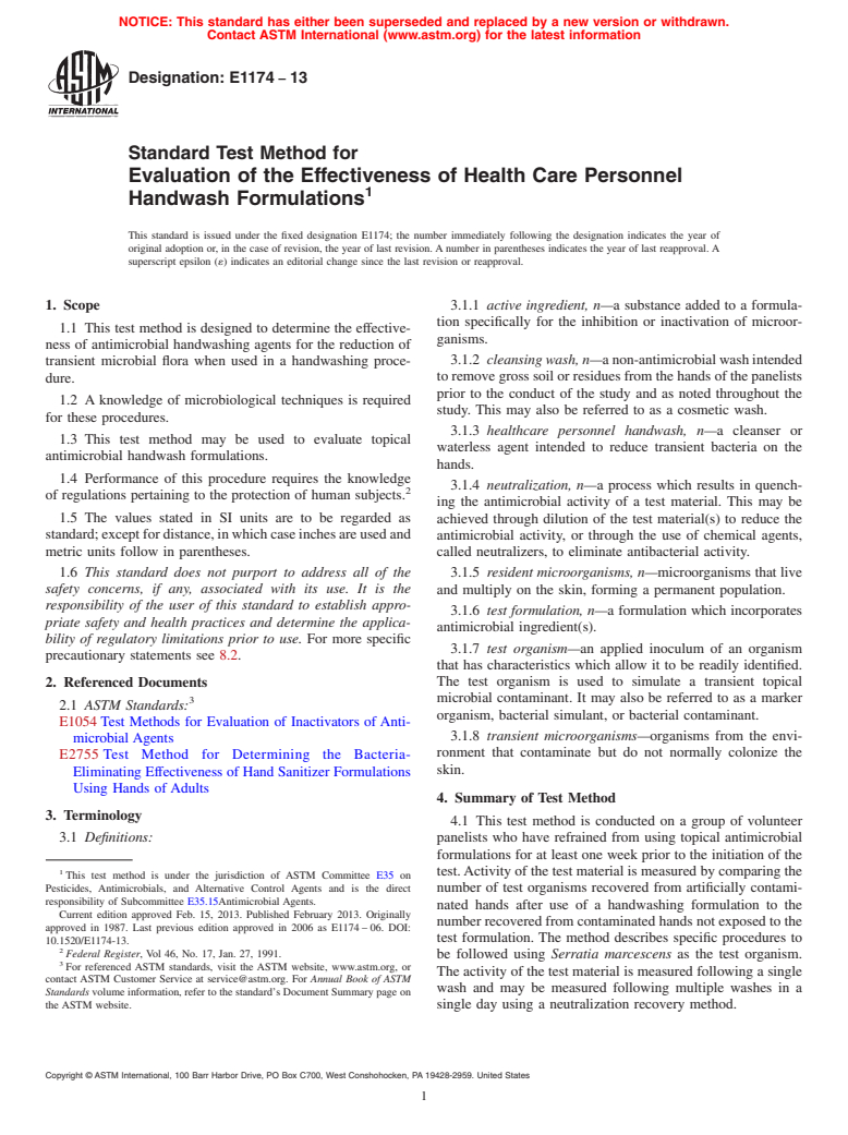 ASTM E1174-13 - Standard Test Method for  Evaluation of the Effectiveness of Health Care Personnel Handwash  Formulations