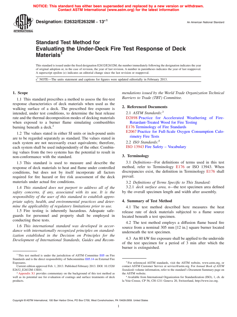 ASTM E2632/E2632M-13e1 - Standard Test Method for Evaluating the Under-Deck Fire Test Response of Deck Materials