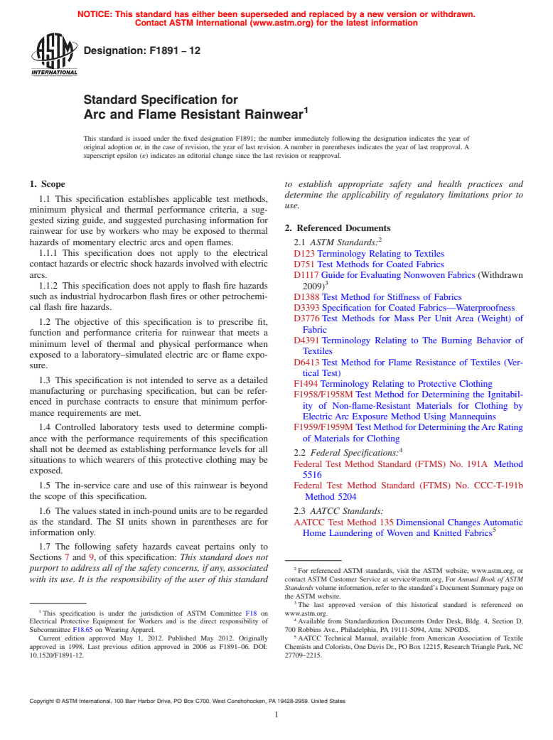 ASTM F1891-12 - Standard Specification for  Arc and Flame Resistant Rainwear