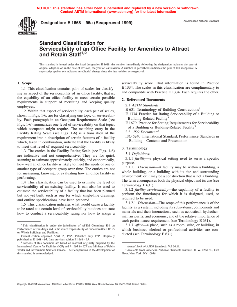 ASTM E1668-95a(1999) - Standard Classification for Serviceability of an Office Facility for Amenities to Attract and Retain Staff