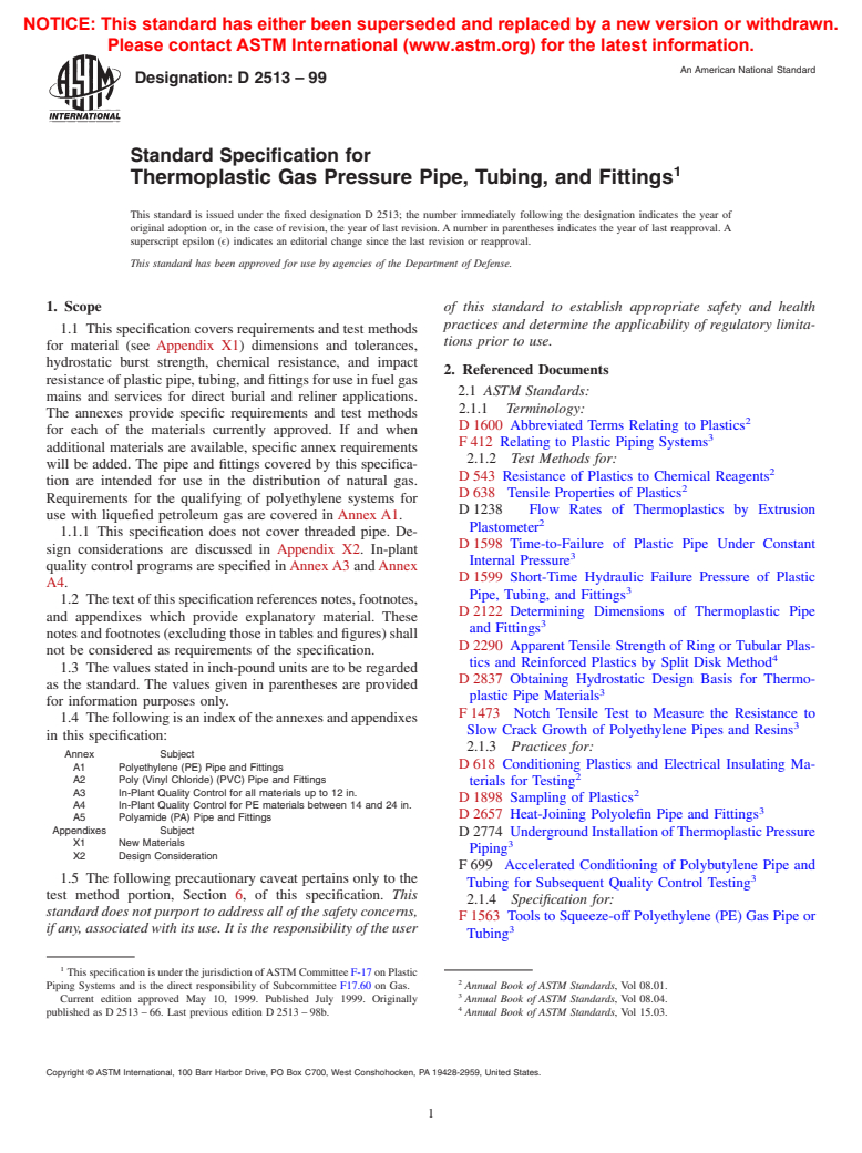 ASTM D2513-99 - Standard Specification for Thermoplastic Gas Pressure Pipe, Tubing, and Fittings