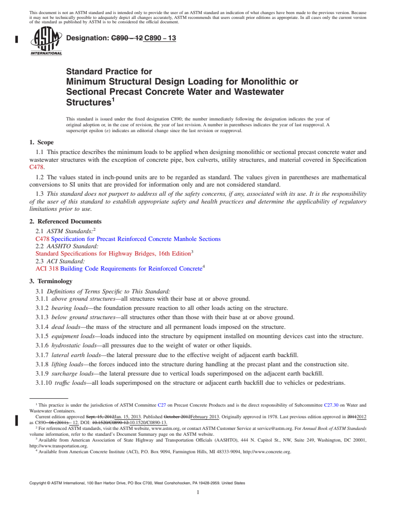 REDLINE ASTM C890-13 - Standard Practice for  Minimum Structural Design Loading for Monolithic or Sectional   Precast Concrete Water and Wastewater Structures
