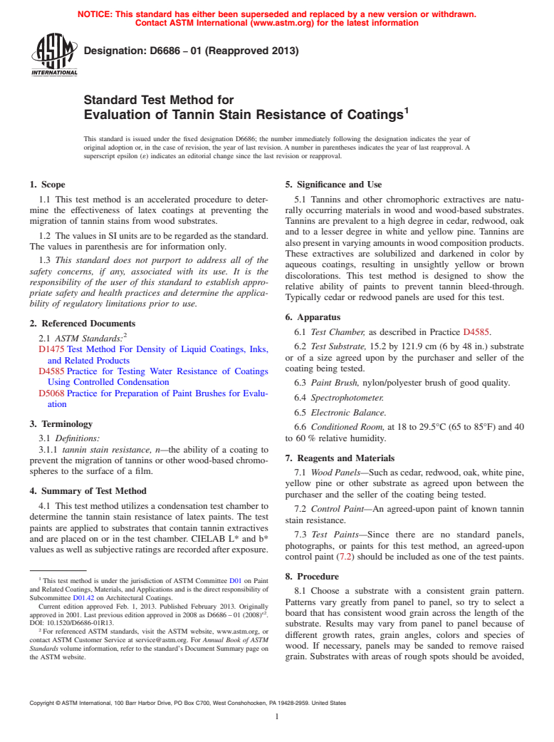 ASTM D6686-01(2013) - Standard Test Method for Evaluation of Tannin Stain Resistance of Coatings