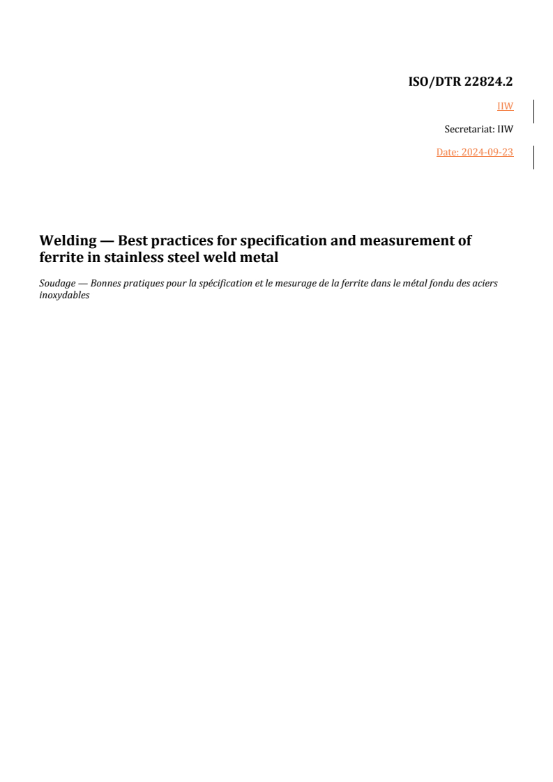 REDLINE ISO/DTR 22824.2 - Welding — Best practices for specification and measurement of ferrite in stainless steel weld metal
Released:9/23/2024