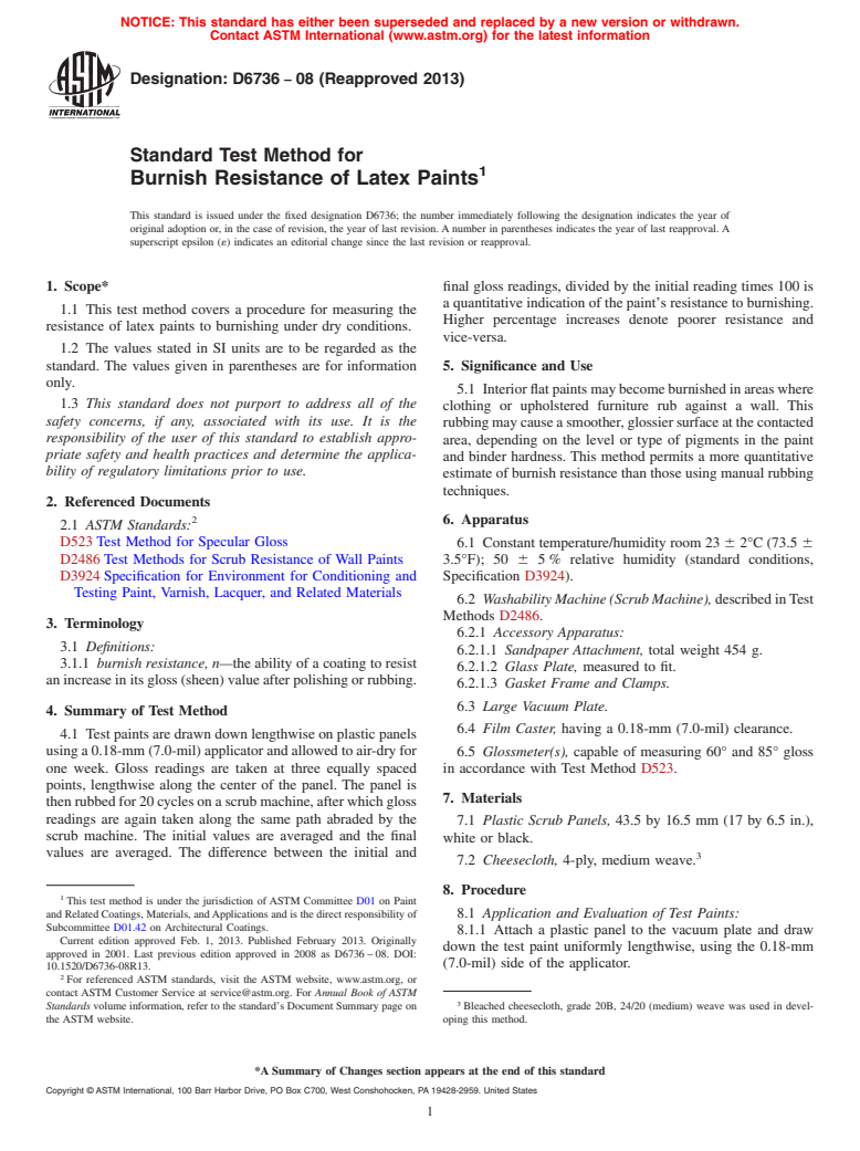 ASTM D6736-08(2013) - Standard Test Method for Burnish Resistance of Latex Paints