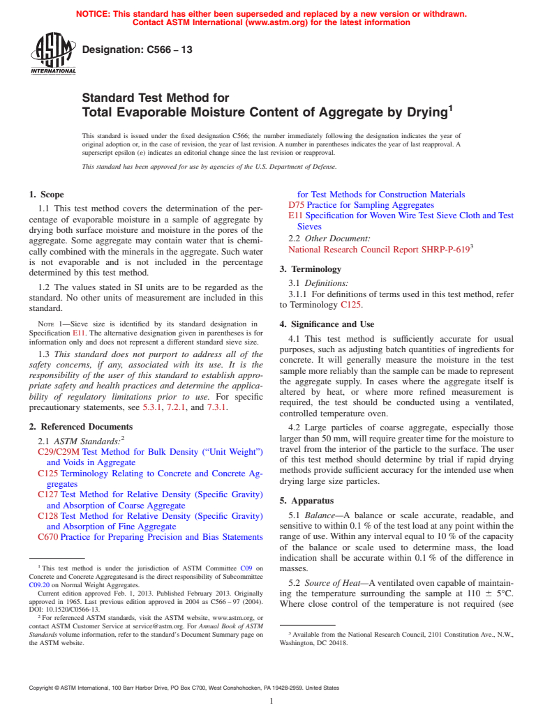 ASTM C566-13 - Standard Test Method for  Total Evaporable Moisture Content of Aggregate by Drying