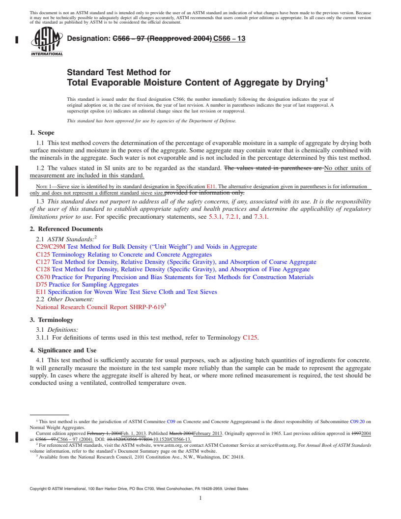 REDLINE ASTM C566-13 - Standard Test Method for  Total Evaporable Moisture Content of Aggregate by Drying