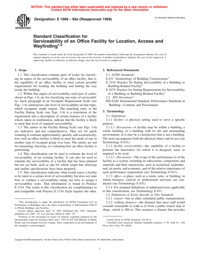 ASTM E1669-95a(1999) - Standard Classification for Serviceability of an Office Facility for Location, Access and Wayfinding