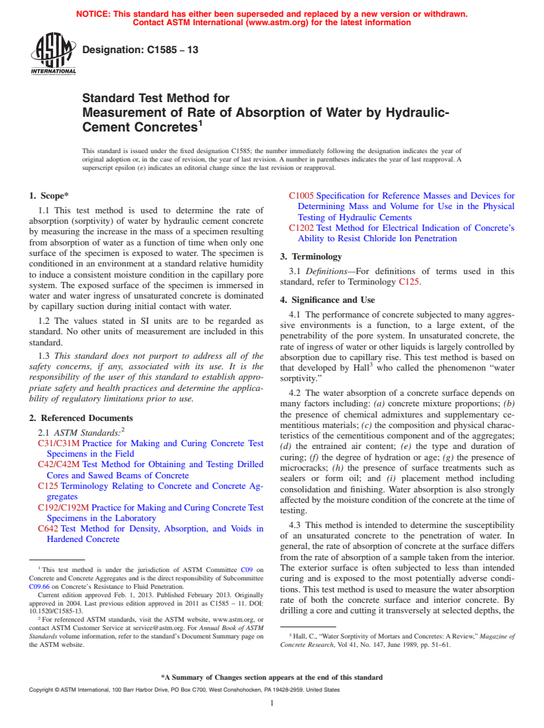 ASTM C1585-13 - Standard Test Method for  Measurement of Rate of Absorption of Water by Hydraulic-Cement  Concretes