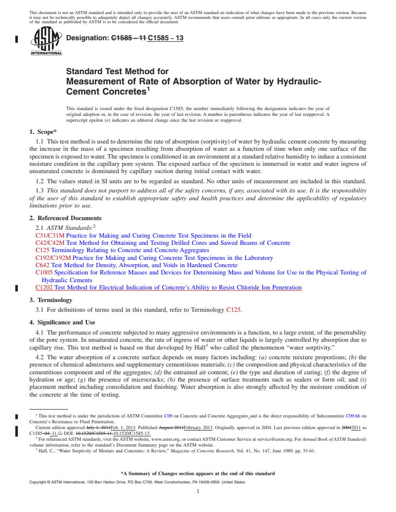 REDLINE ASTM C1585-13 - Standard Test Method for  Measurement of Rate of Absorption of Water by Hydraulic-Cement  Concretes