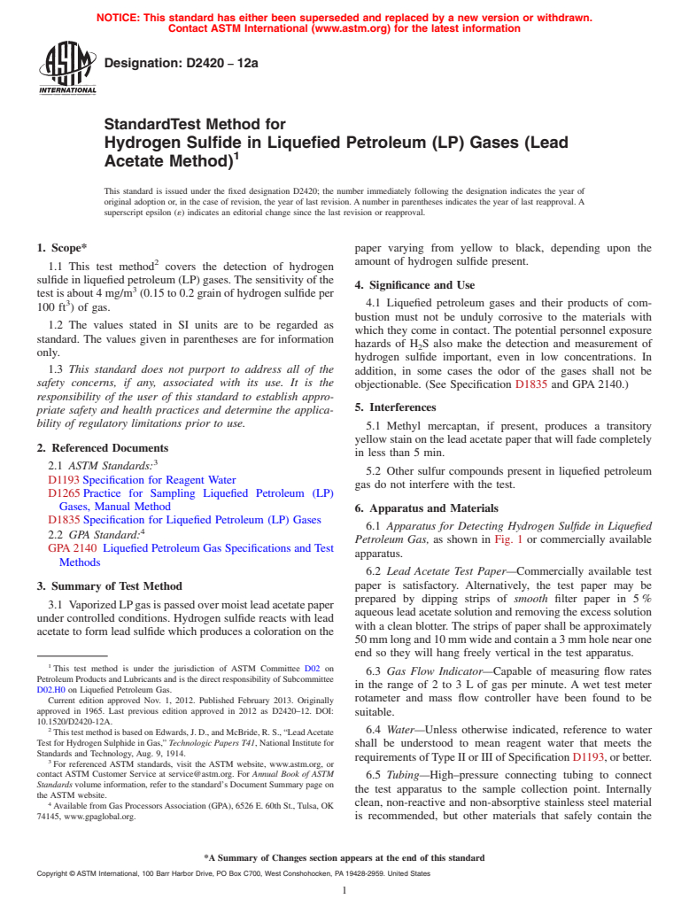 ASTM D2420-12a - Standard Test Method for Hydrogen Sulfide in Liquefied Petroleum (LP) Gases (Lead Acetate  Method)