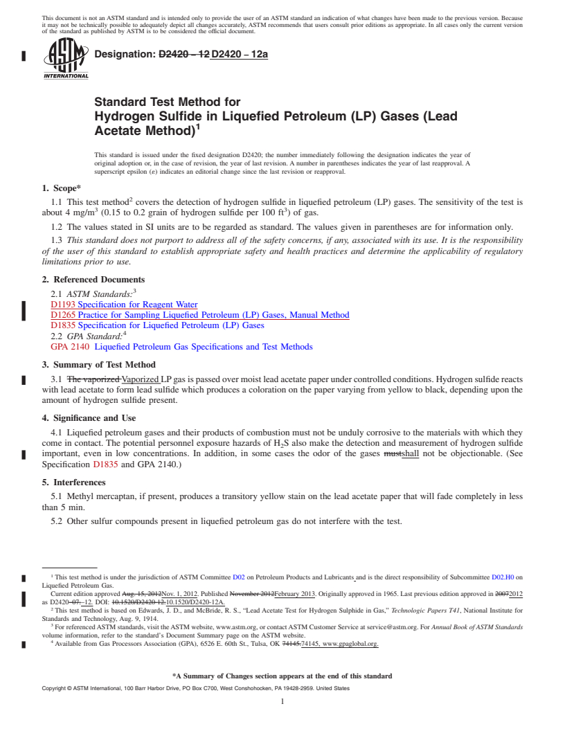 REDLINE ASTM D2420-12a - Standard Test Method for Hydrogen Sulfide in Liquefied Petroleum (LP) Gases (Lead Acetate  Method)